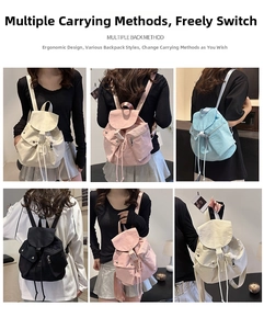 Detailed view of oxford nylon backpack in four colors with drawstring and metal buckle
