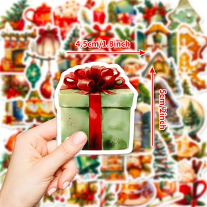 50pcs festive Christmas tree stickers showing green gift box decal with red ribbon details