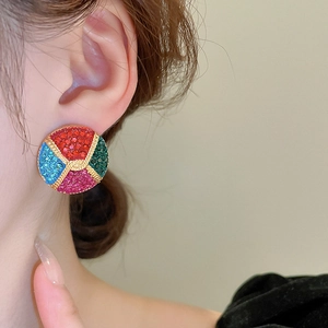 Vintage court style round stud earrings with colorful rhinestones and gold twisted frame