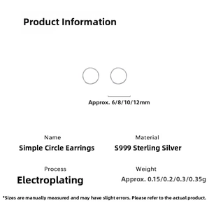 Detailed size chart for S999 sterling silver plain hoop earrings in various diameters