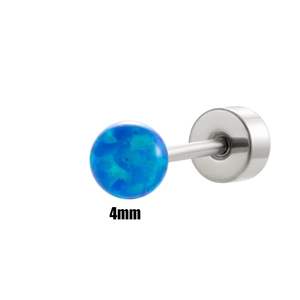 Detail shot of a 4mm blue opal ball stud earring with flat back piercing needle