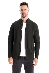 Detail of olive green knit cardigan featuring stand collar and textured fabric on male model