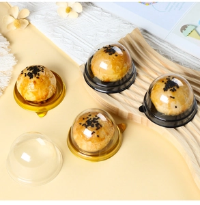 Macro detail of round transparent plastic packaging boxes with gold and black bases