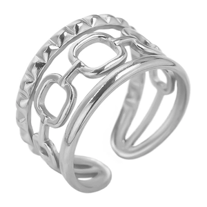 Macro detail of silver 304 stainless steel layered hollow ring with adjustable band