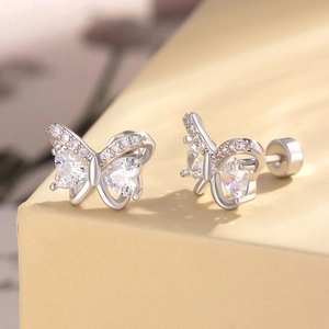 Silver butterfly screw back earrings with sparkling heart-shaped zircon stones