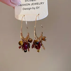 Retro 18k gold plated long drop earrings with vintage stone beads and S925 silver hooks