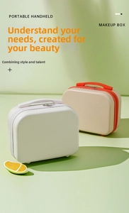 Detail of portable mini hardshell vanity cases with ergonomic handles and dual zippers