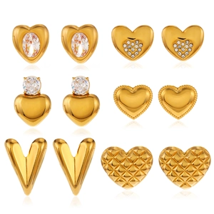 Set of 6 pairs of vintage 18K gold plated heart stud earrings with zircon inlays
