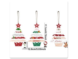Three multi-colored wooden Christmas tree ornaments with sizes and Merry Christmas text