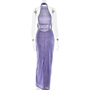 Detail view of purple sequin evening dress featuring backless halter neck and straps