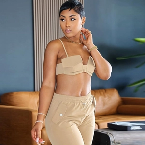 Close-up of khaki cargo set for women featuring drawstring crop top and matching trousers