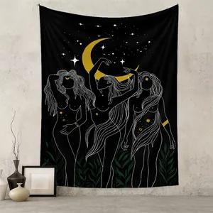 Bohemian Mystical Moon Stars Goddess Wall Tapestry Polyester Hanging Cloth For Bedroom Living Room Aesthetic Home Decor