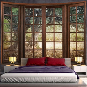 3D forest window view tapestry hanging above a bedroom headboard for wall decor