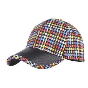 Vintage Houndstooth Baseball Cap With PU Leather Brim Adjustable Outdoor Fashion Hat For Men Women