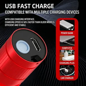Mini portable LED flashlight in red with USB fast charging port and non-slip texture