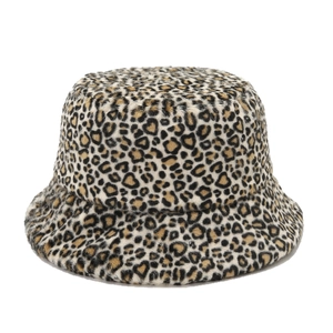 Stylish leopard print plush bucket hat with soft faux fur texture for winter outdoor wear