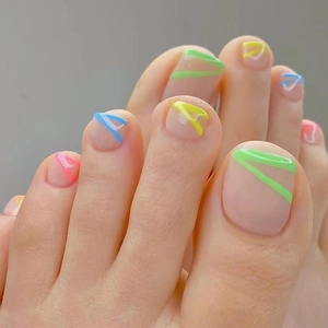 Glossy Press On Toe Nails Colorful Neon Lines Design Minimalist Full Cover Artificial Fake Nails For Women Summer Foot