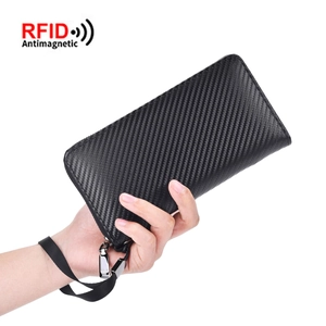 Men's Long Wallet Carbon Fiber Pattern PU Leather RFID Blocking Clutch Bag With Wristlet Business Casual Large Capacity