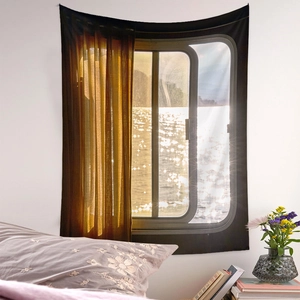Detail of wall tapestry featuring a window view with warm curtains and sunny lake scenery
