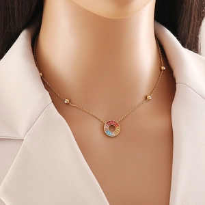 Gold Stainless Steel Flower Necklace And Earrings With Colorful Rainbow Zircon For Women Elegant Fashion