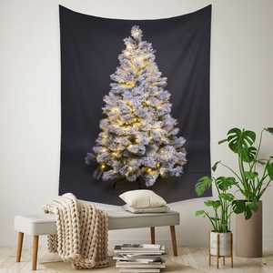 Bohemian Christmas tree tapestry for room decor featuring white snow and warm lights