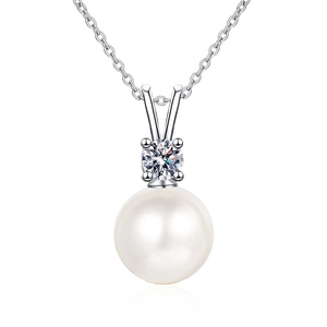 Elegant sterling silver necklace featuring a round white pearl and sparkling moissanite pendant