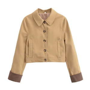 Trench-coat court kaki pour femme avec poignets contrastés marron et revers classique