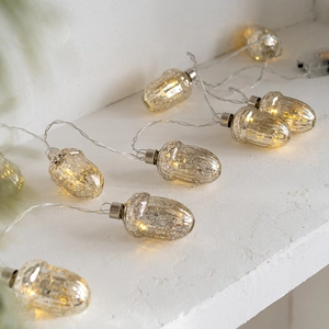 Warm yellow acorn LED string lights with crackle glass texture for Christmas tree decor