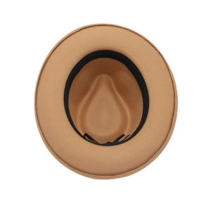 Top down interior view showing the black sweatband and wool texture of the brown fedora hat