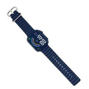 Detail of black silicone strap and square LED screen showing time on a sports watch