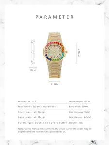 Detailed dimension guide for the rhinestone watch featuring a 42mm dial and 9mm thickness