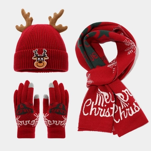 Christmas Kids Knit Hat Scarf And Touchscreen Gloves Warm Winter Acrylic Reindeer Antlers Pattern For Boys Girls