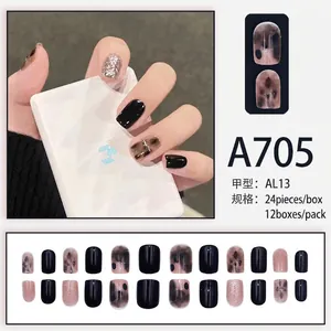 Black and silver press-on nails set with glitter and tortoise shell pattern, AL13 style