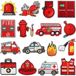 Fire Rescue Theme Embroidery Patches Truck Ambulance Extinguisher Decorative Polyester Thread Iron On For Kids Clothing