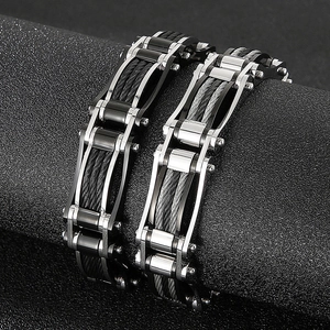 Mechanisches Industrie-Stil Edelstahl-Drahtseil-Armband für Herren in Silber und Schwarz