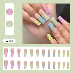 Long coffin press-on nails with matte macabre rainbow gradients and French tips 24pcs