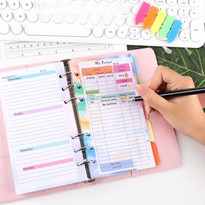 Detailed view of pink PU leather A6 budget binder with weekly planner and finance inserts