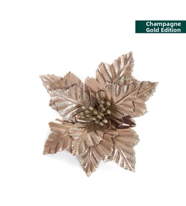 Detail of champagne gold artificial poinsettia with glitter edges for Christmas DIY deco