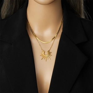 Double-layered golden stainless steel necklace set with sun pendant on a snake chain