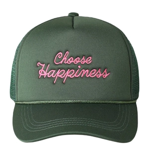 Dark green trucker hat with pink Choose Happiness embroidery and mesh back
