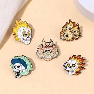 Set of 5 punk gothic flame skull enamel pins for jackets, hats, and backpacks decor
