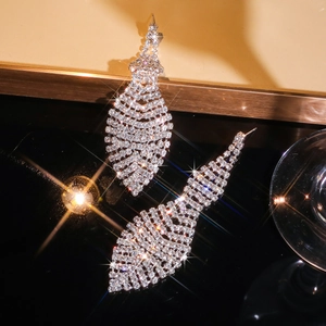 Sparkling silver rhinestone tassel leaf earrings for luxury evening wear jewelry