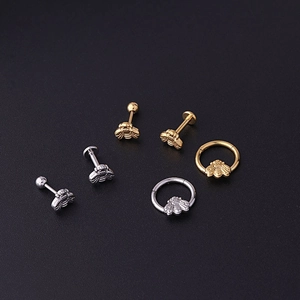 Detailed set of bee-shaped stainless steel ear studs and captive bead rings in gold and silver