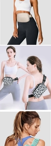 Detailed collage of waterproof nylon sports fanny packs in beige and leopard print