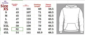 Size chart showing XS to 4XL measurements for 3D printed oversized hoodie