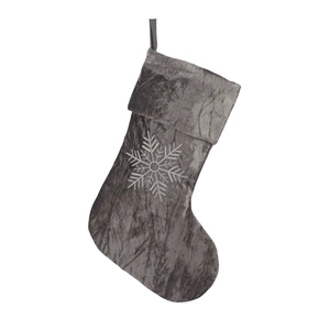 Gray velvet Christmas stocking with white snowflake embroidery for festive tree decoration