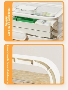 Detail of portable first aid kit with transparent top cover and ergonomic handle design
