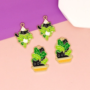 Enamel black cat and green potted plant metal charms for DIY jewelry making