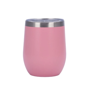 Close-up of pink 12oz stainless steel wine tumbler with transparent lid and metal rim