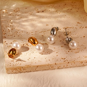 Stainless Steel Oval Stud Earrings With White Artificial Pearl Drop 18K Gold Plated Geometric Retro Fashion Jewelry For Women